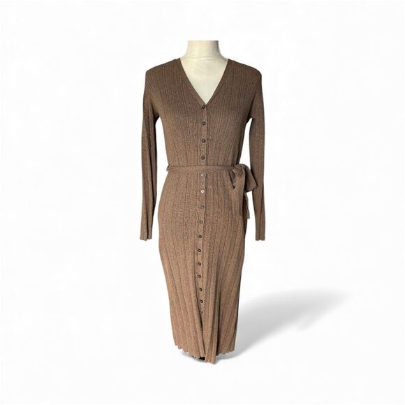 Frank & Oak Tan Brown Organic Ribbed Button down Midi Sweater Dress Belted - Picture 1 of 7